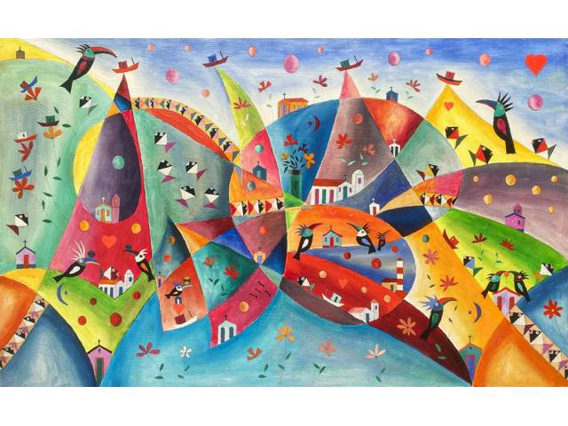 Lucas Pennacchi  óleo sobre tela 50 x 80  cm intitulada "Composição Pássaros e Peixes" ass. no verso datada 2019