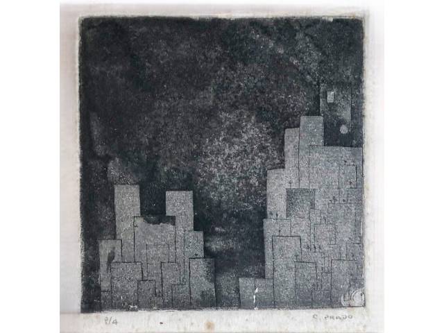 Carlos Prado gravura 15 x 15 cm "Cidade" ass. CID, prova do artista