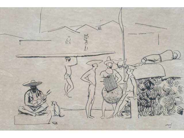 Carybé desenho nanquim sobre cartão 49 x 65 cm intitulado "Cena de cais na Bahia" ass CID datado 1956