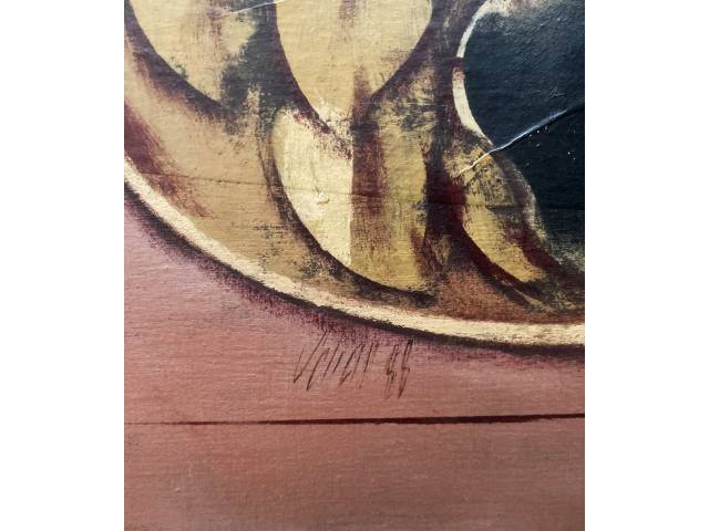 Scliar, Carlos vinil e colagem encerado sobre tela 56 x 37cm intitulada "Jarra e Frutas no Prato" ass. CI e verso datada 1988