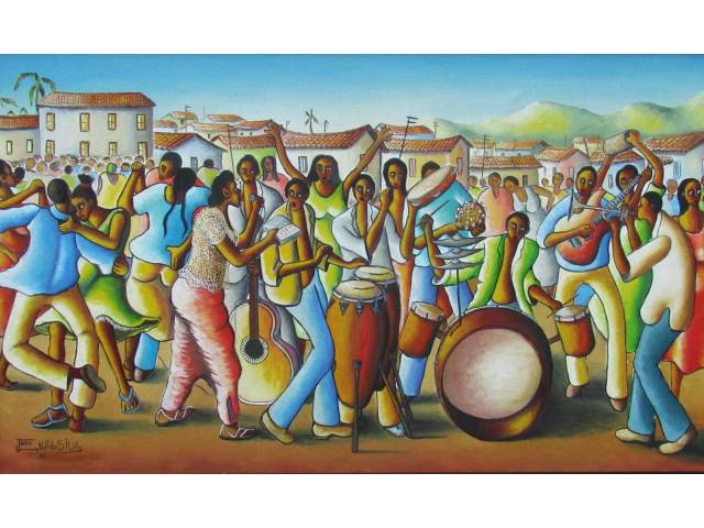 João Cândido da Silva óleo sobre tela 60 x 100cm intitulada "O Pagode Quente" ass. CIE e verso datada 1990
