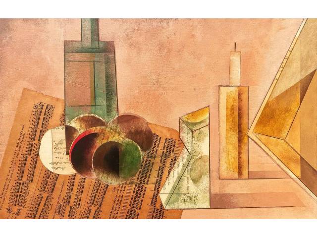 Scliar, Carlos vinil e colagem encerado sobre tela  37 x 56cm intitulada "Vários objetos" ass. CI e verso datada 1992
