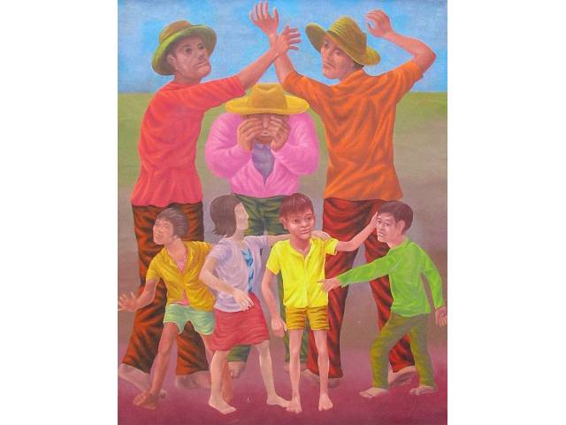 Gontran Guanaes Netto óleo sobre tela 93 x 73cm intitulada "Crianças e Camponeses" ass. CID  datada 1985 nota de compra FAAM Miami