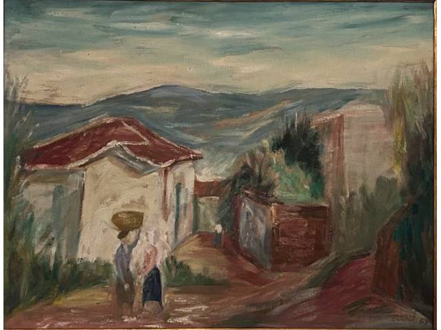 Mário Zanini Óleo sobre tela  50 x 64 cm “Casario  ” ass.  CID  e datada 1963 com cachê da A Galeria