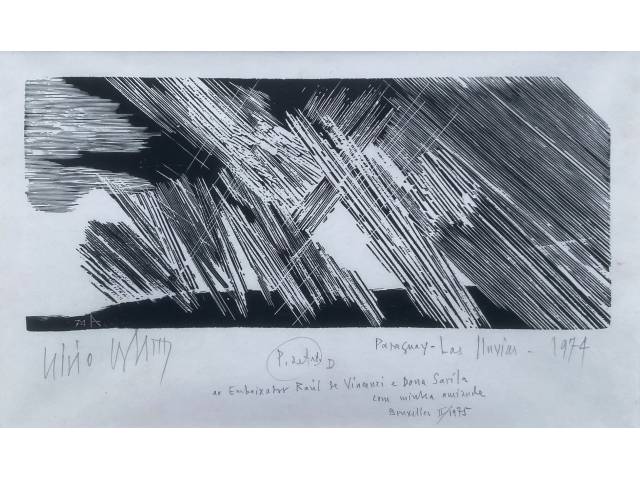 Lívio Abrano impressão sobre papel 23,5 x 37 cm "Sem título" ass CIE datada 1974, com dedicatória