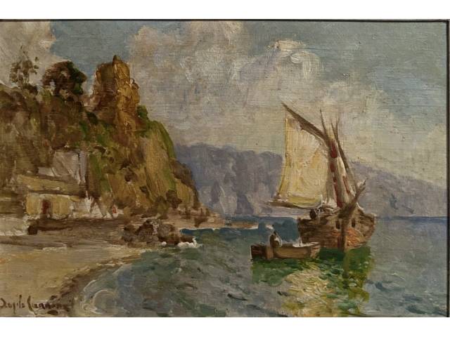 Ângelo Cannone óleo sobre madeira 16 x 23,5 cm "Barcos" ass. CID com etiqueta Galeria Domus