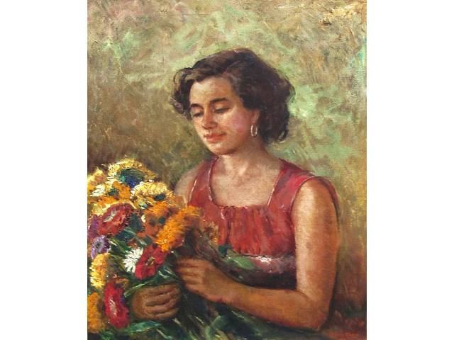 Alfredo Rocco óleo sobre tela 74 x 60cm "Dama com Flores" ass. CID datada 1953.