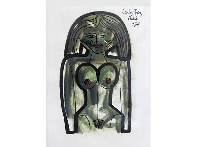 Carlos Páez Vilaró técnica mista sobre cartão 50 x 35cm "Figura Feminina" ass. CSD e verso datada 2005 acompanha certificado Museo Taller de Casapueblo. Com dedicatória no verso