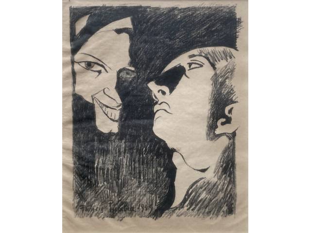 Picabia litografia sobre papel em preto e branco 30 x 23,5 cm  "Dois rostos" ass CIE  datada 1949, do livro "Janela do caos", poemas de Mário Mendes, editado em Paris, em 1944