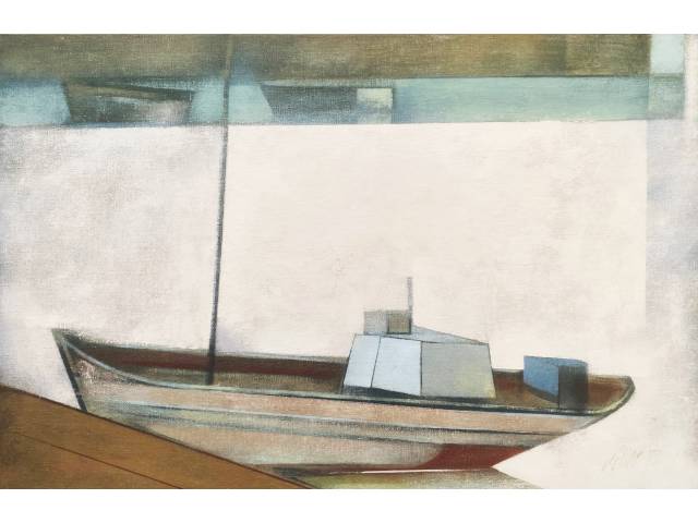 Scliar, Carlos vinil encerado sobre tela 37 x 56cm intitulada "Barco no entardecer" ass. CID e verso datada 1977