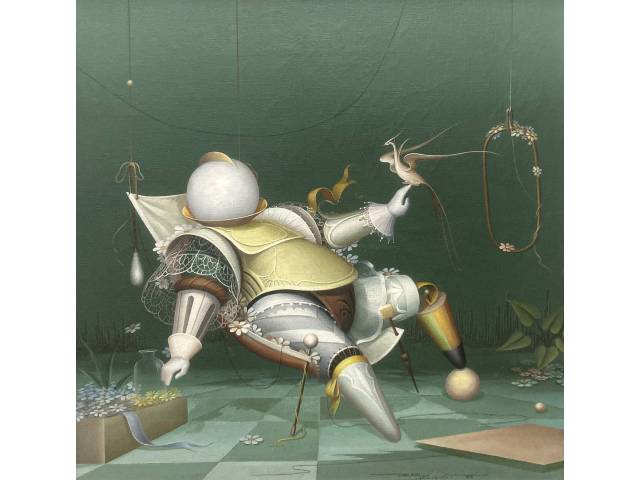 Roni Brandão óleo sobre tela 40 x 40cm intitulada "Repouso" ass. CID datada 1985