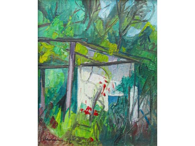 José Moraes  óleo sobre madeira   44 x 36cm intitulada  "A casa do caseiro"  ass. CIE e Verso datada 1986