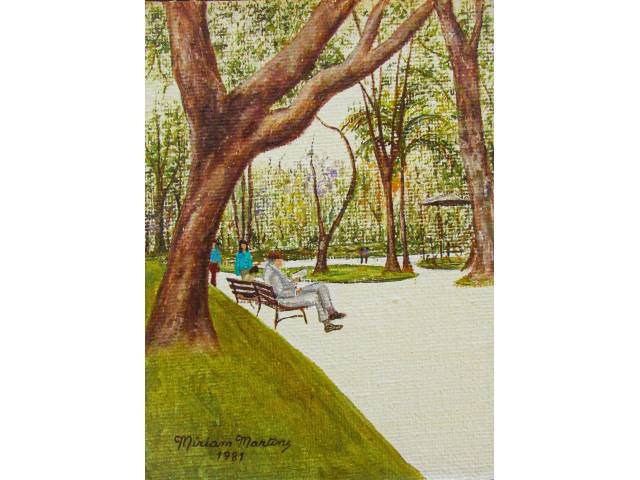 Miriam Martins óleo sobre tela 12 x 9cm intitulada "Passeio Público XCIV" ass. CIE e verso datada 1981
