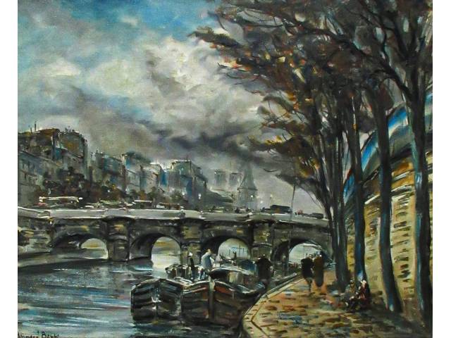 Raymond Besse óleo sobre tela 63x 76cm intitulada "Le pont Neuf Paris" ass. CIE e verso
