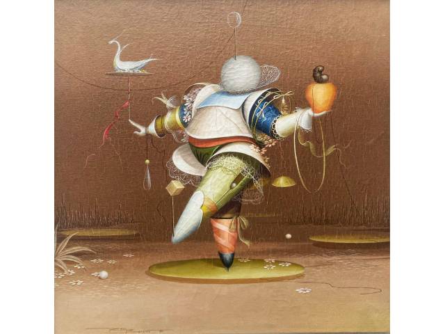 Roni Brandão óleo sobre tela 40 x 40cm intitulada "O Equilibrista" ass. CIE e verso datada 1985