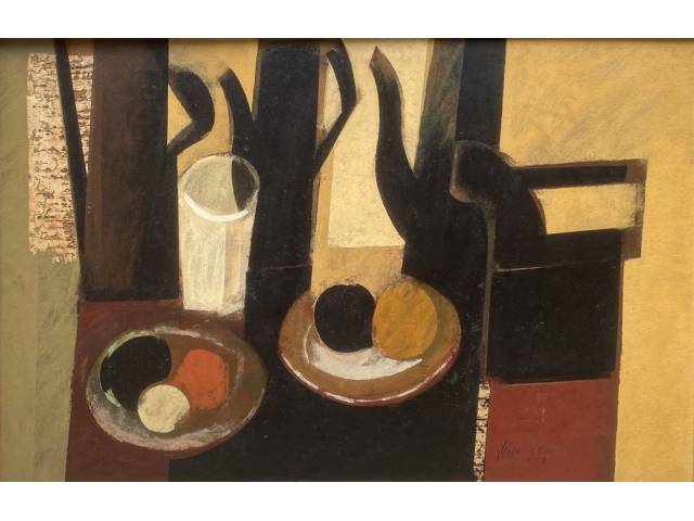Carlos Scliar encáustica 65 x  100 cm intitulada "Grande natureza morta tranquila" ass CID datada 05/09/1967, Cabo Frio, RJ