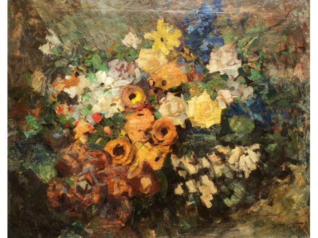 Dario Mecatti óleo sobre tela 53  x 67 cm “Flores” ass. CID  com cachê  do Escritório de Arte Renato Magalhães Gouvêa