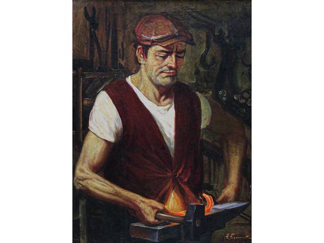 Enrique Eguren óleo sobre tela 80 x 60cm intitulada "Trabalhador Ferreiro" ass. CID