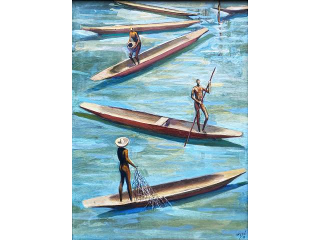 Carybé Cartão óleo sobre Cartão 60 x 45cm “Canoas” ass.CID datado 1979