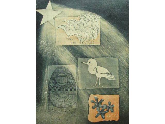 Aldemir Martins, Lívio Abramo, Maria Perez Sola e Pedro Seman água forte, água tinta e xilogravura sobre papel velan 57 x 39 cm intitulada " Natal brasileiro"  tiragem 26/75 ass borda inferior datada 1988, com marca d'água