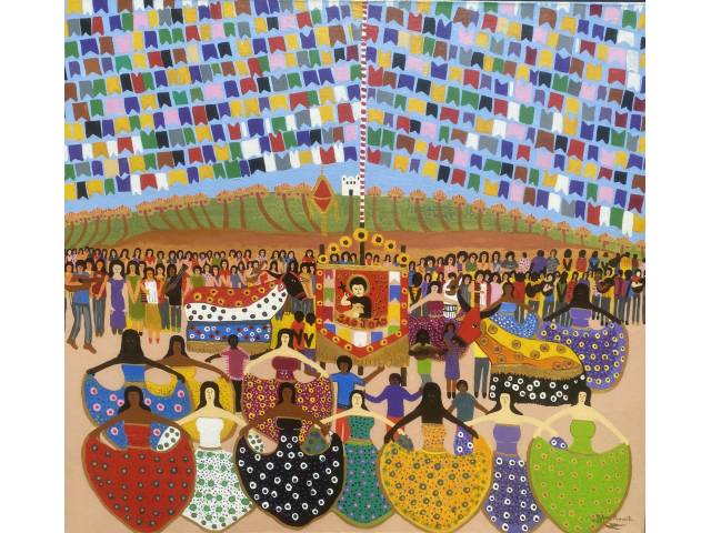 Valques Pimenta acrílica sobre tela 88 x 99cm intitulada "Festa de São João" ass. CID datada 2025