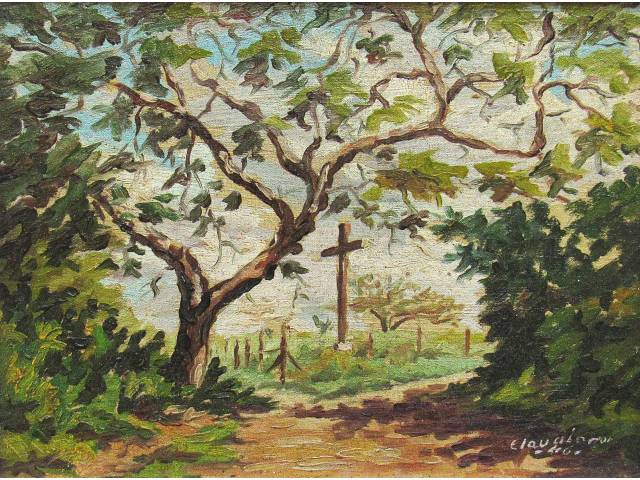 Claudionor Braga óleo sobre tela 30 x 48cm intitulada "Cruz da Encruzilhada" ass. CID datada 1946.