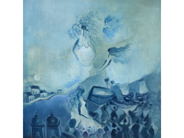 Fernando Coelho óleo sobre tela 50 x 50cm intitulada "Festa de Yemanjá" ass. verso  datada 1974