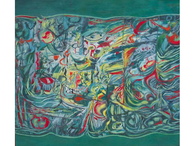 Alberto Teixeira óleo sobre tela 1,70 x  1,90 cm " da Serie  o vermelho e o verde nº 22  intitulada  " Verde que  te quero verde " ass. CIE datada 1986