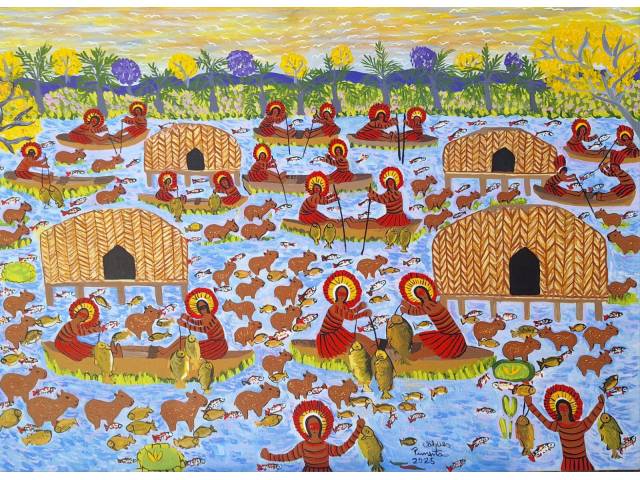 Valques Pimenta acrílica sobre tela 79 x 109cm Intitulada "Guató, Indigena que habita na Região do Pantanal - MT ass. CID datada 2025