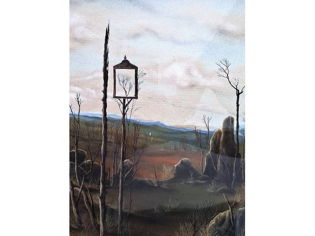 Macaparana óleo sobre cartão 30 x 23,5 cm intitulada “Paisagem ” ass centro, com cachê da Dan Galeria no verso