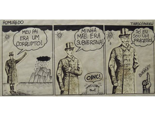 Romualdo, Tarso , Angeli técnica mista sobre cartão 19 x 37 cm "Chargistas" ass CSD e CSI -anos 70