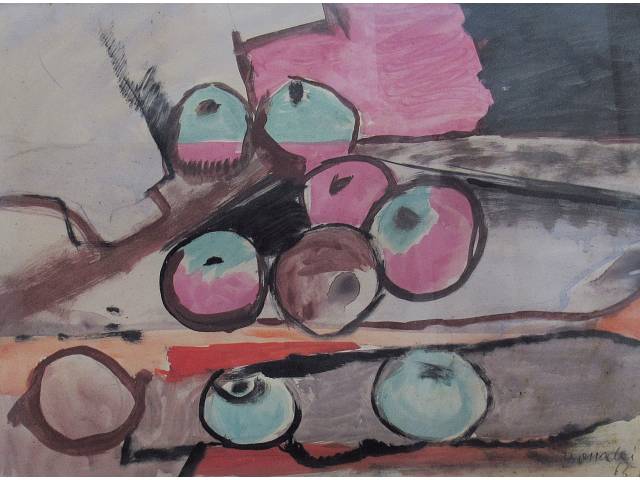 Aldo Bonadei  tecnica  mista  sobre cartão 26 x 37cm “Sem Titulo” ass. CID datada 1965  apresenta fungos