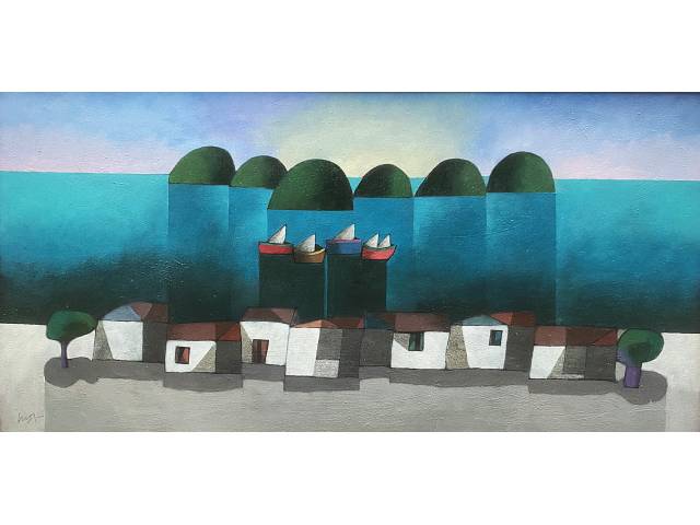 Inos Corradin óleo sobre tela 50 x 100 cm "Vilarejo a beira mar" ass. CID