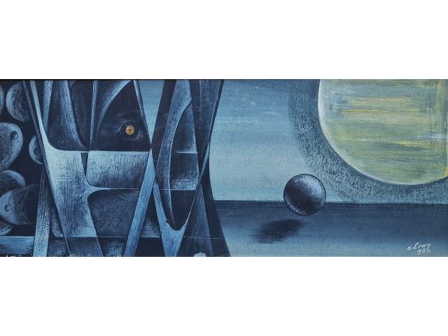 Walter Lewy óleo sobre cartão 15,5 x 36,5cm intitulada "Star" ass. CID datada 1962