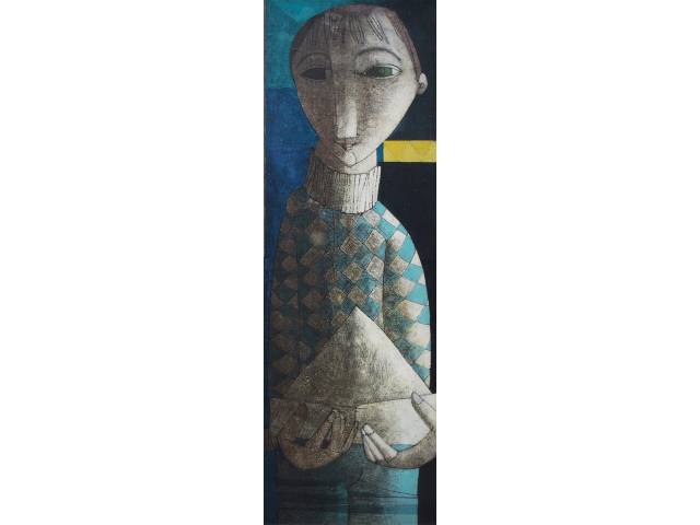 Inos Corradin óleo sobre tela 116 x 40cm intitulada "Menino com Barquinho de Papel" ass. CIE . Com certificado.