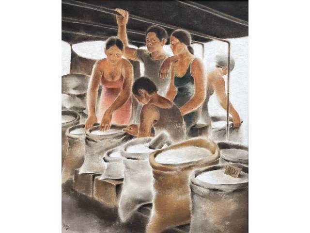 Cylene Dallegrave óleo sobre tela 72 x 58cm intitulada "Vendedores de Tapioca" ass. CIE datada 1979