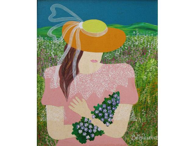 Elizabeth Gomes Queiroz óleo sobre tela 49 x 40cm "Moça com Rosas" ass. CID (paspatur manchado)
