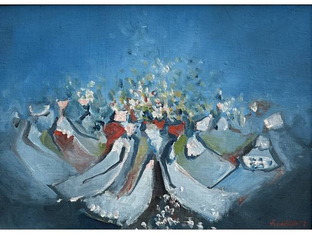 Fernando Coelho óleo sobre tela 15 x 20cm intitulada "Festa de Yemanjá" ass. CID e verso datada 1972