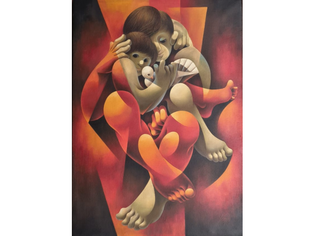 Laerpe de Souza Motta óleo sobre tela 70 x 50cm intitulada "Afeto com Pombo" ass. CID e verso datada 1974.