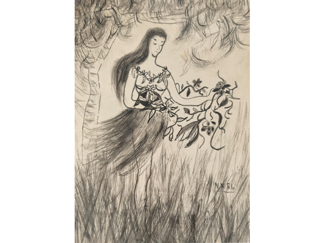 Niobe Xando nanquim 21 x 16cm  "Figura Feminina com Flores  ass. CID datada 1956 registrada no projeto Nx 02c03/0560