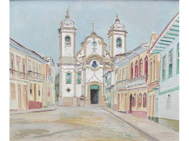 Takaoka  óleo sobre tela 65 x 45cm “Igreja” ass. CIE datado 1963