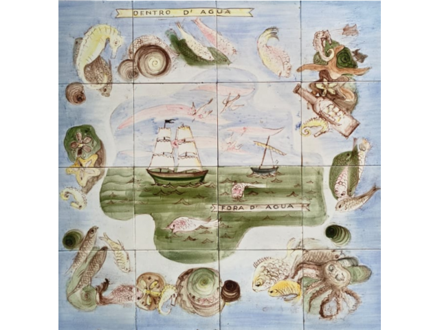 Osirarte azulejo 60 x 60cm "Dentro D'Agua e Fora D'Agua" . Participou da Exposição no SESC 'Pequenas Pedras Polidas" publicado no catalogo da exposição em 2023. Apresenta dois bicados