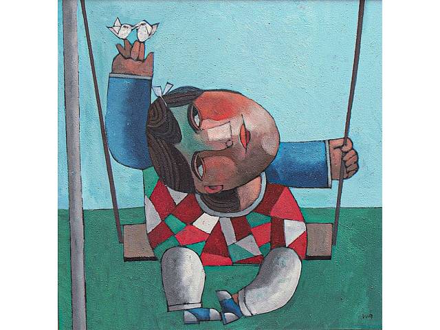 Inos Corradin acrílica sobre tela 80 x 80cm intitulada "Menina no Balanço" ass. CID e verso. Com certificado