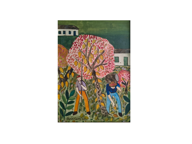 José Pinto óleo sobre eucatex 21 x 15cm "Colheita" ass. CIE datada 1977 com etiqueta da galeria Nossa Senhora da Paz .