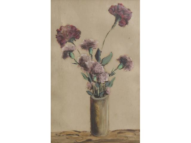 Clovis Graciano técnica mista sobre  cartão 40 x 25cm "Vaso de Cravos" ass. CIE apresenta fungos