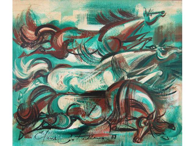 Elena Castellanos acrílica  sobre tela 50 x 60cm "Cavalos" ass. CIE datada 1988
