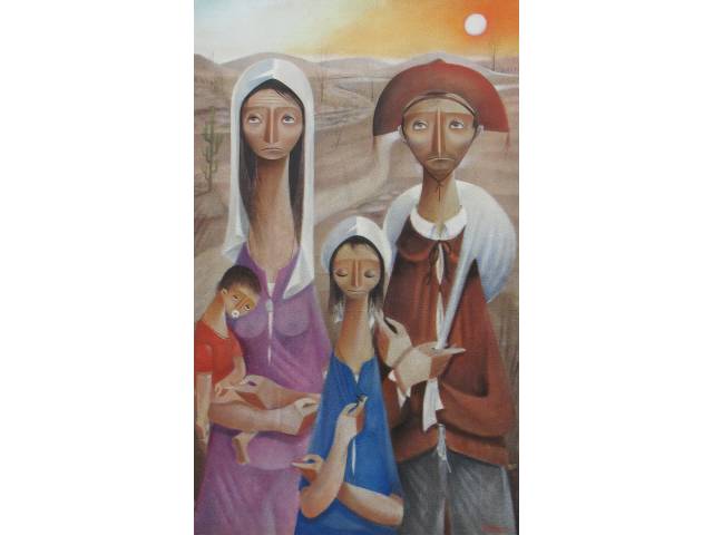 Ruy Albuquerque óleo sobre tela 105 x 65cm "Retirantes" ass. CID e verso datada 1976/1977. Localizada RJ