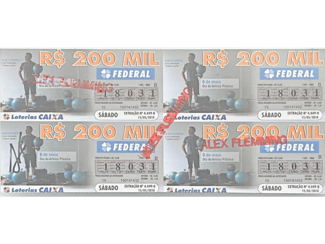 Alex Flemming carimbo sobre papel de loteria 13 x 28 cm “Gallileu Galilei” ass. inferior esquerdo