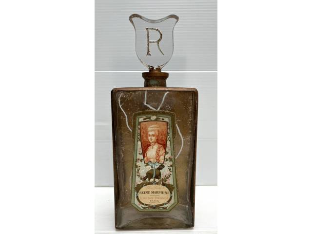 Antigo vidro de perfume translucido ,  rotulo ilustrado original  Reine Marphise-lorenzy -Palanca  tampa com  inicial ' R ' gravada med 30 x 11x 6 cm -Marseille -Paris