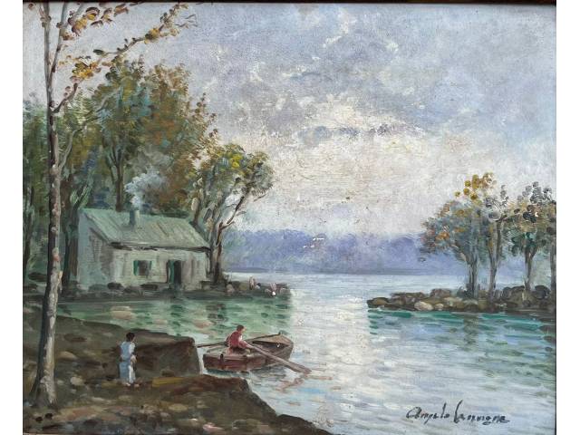 Ângelo Cannone óleo sobre madeira 22 x 27 cm "Lago d'Iseo" ass. CID